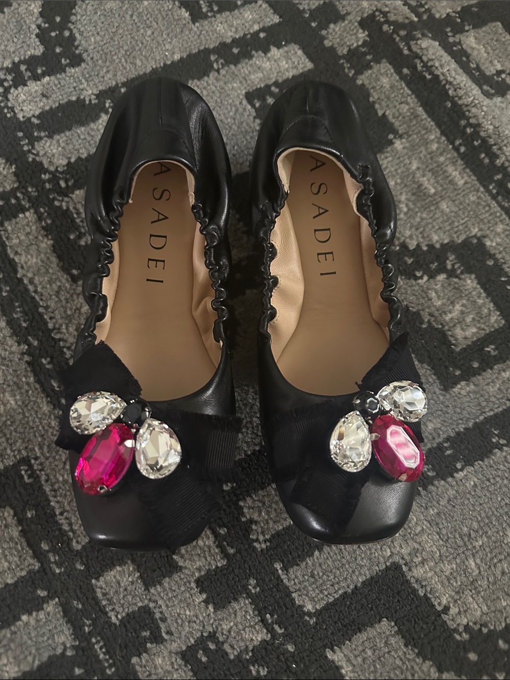 Casadei Black Ballet Flats with Pink and Clear Jewel Accents